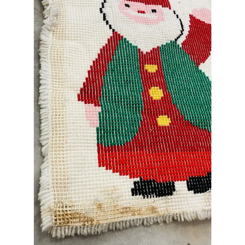 Vintage Christmas Latch Hook Rug Santa Joy Fluffy Beard Large Retro Completed